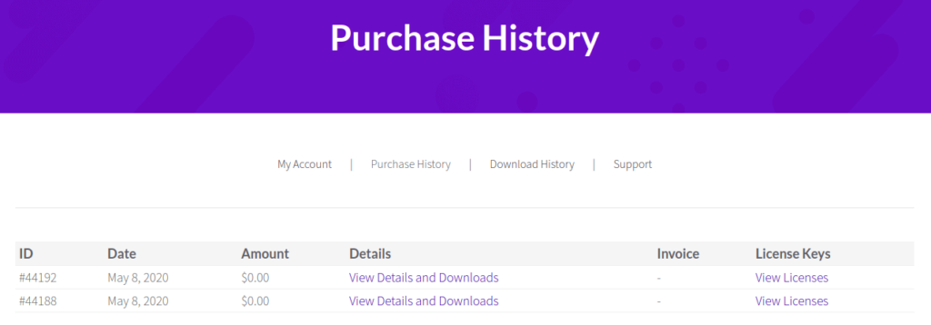 Purchase History section in ZetaMatic.com