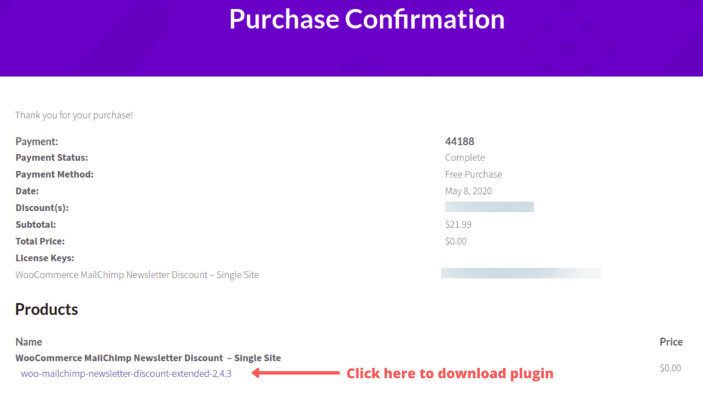 Purchase Confirmation page in ZetaMatic