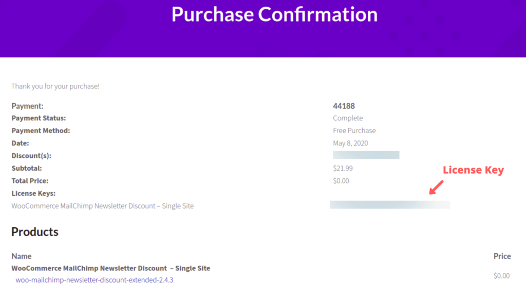 Finding the License Key from the Purchase Confirmation page, Pro plugins