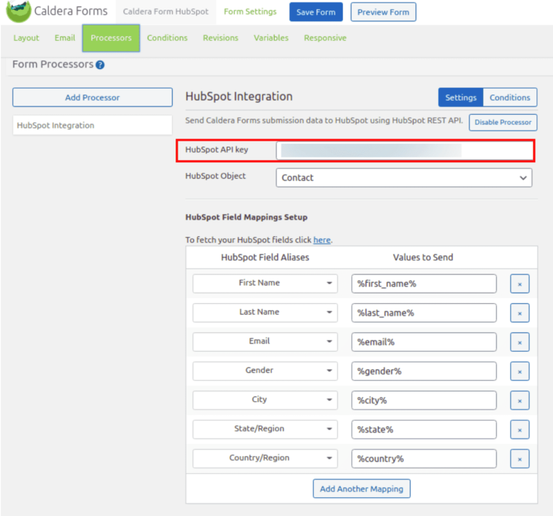 Caldera Forms HubSpot Integration Processor Page