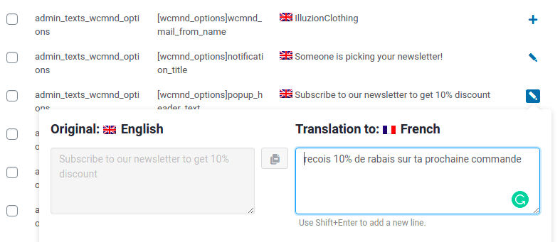 Enter the translated text as seen in the picture below and save the changes.