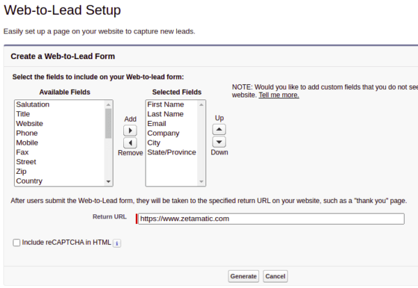 web to lead setup