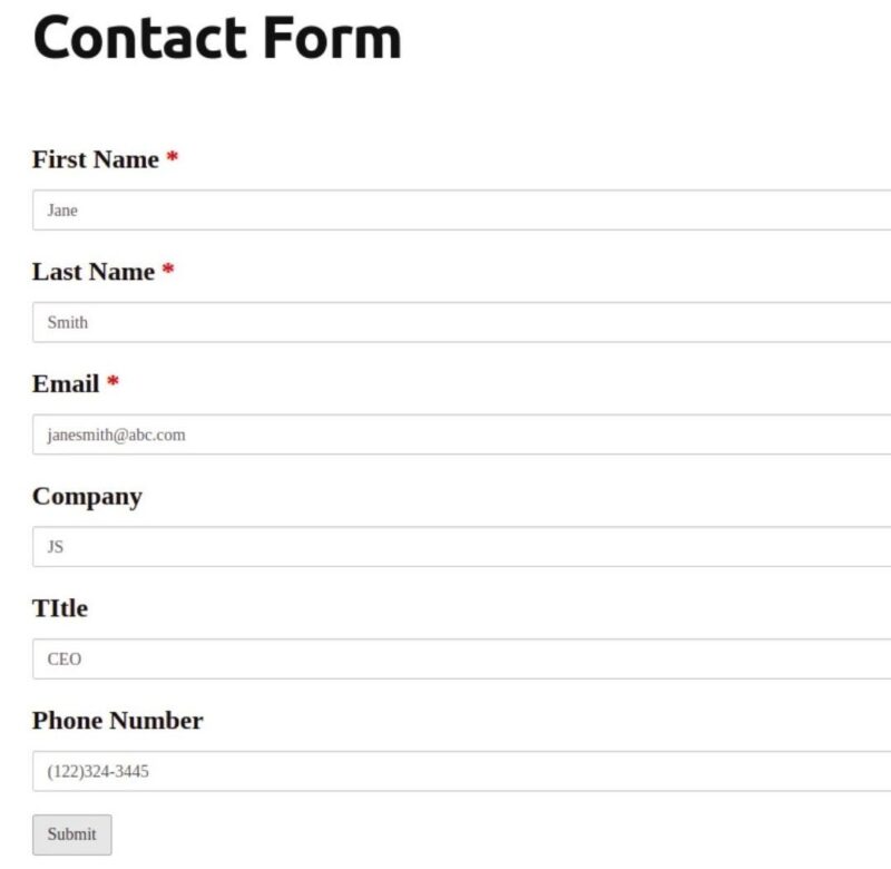 A sample form created using the Caldera Forms plugin