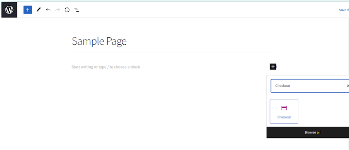 Add the Checkout block with the + sign and save/update your changes