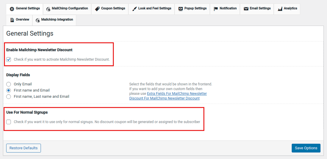 Go to the WooCommerce MailChimp Newsletter Discount Extended plugin's settings page. In the General Settings, make sure the Enable Mailchimp Newsletter Discount option is checked and the Use For Normal Signups option is unchecked.