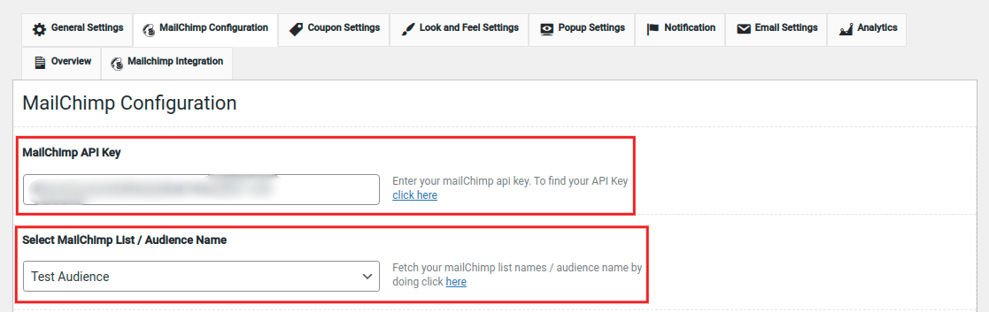 In the MailChimp Configuration section, check that the MailChimp API Key and Audience Name are both selected.