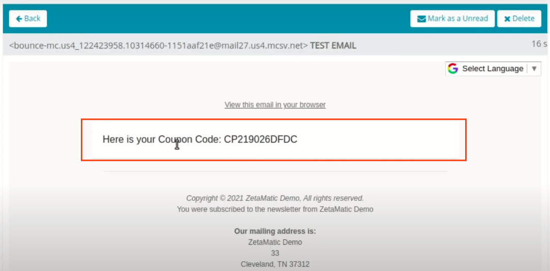 Here's an example of how the discount code will appear once the email has been delivered.