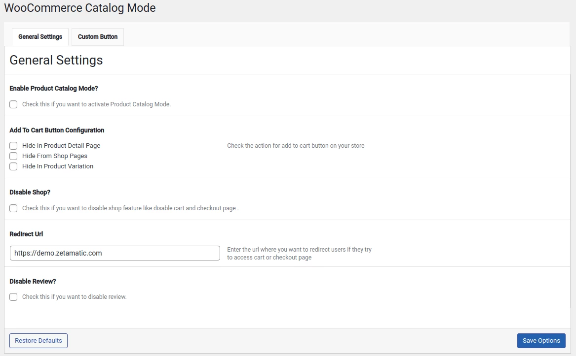 Interface of the Catalog Mode for WooCommerce Plugin