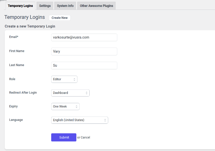 And it will take you to a new page where you can control the various temporary access options. Enter the user's email address, first and last name, the role you want to assign, the after login redirect page, the expiry time period, and the site's language.