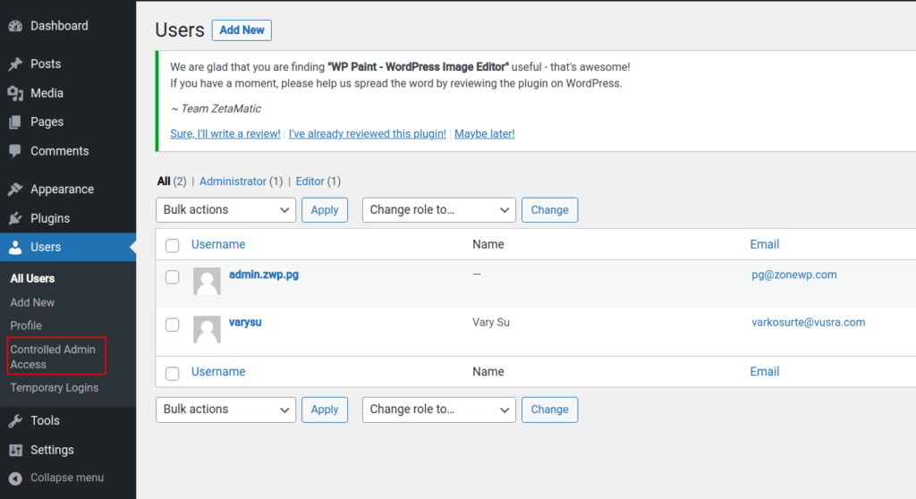 After installing and activating the plugin, navigate to Users > Controlled Admin Access to access its settings page.