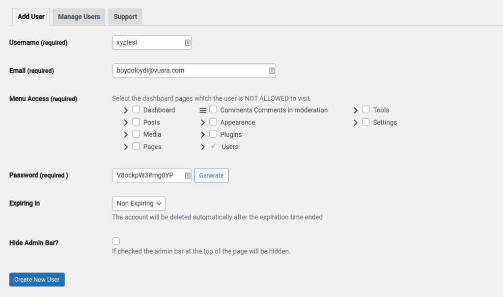 Once on the plugin's settings page, enter the user's basic information such as username, email address, menu access that you want to provide, password, expiry period, and the option to hide the admin bar. After you have completed these details, click the Create New User button to create the temporary access.